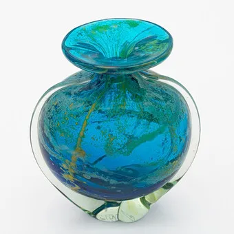 Hand-blown art glass vase by Mdina Glass, decor: 'Blue Summer – Sea & Sand', 1970s, engraved 'MDINA' on base.