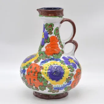 MAREI KERAMIK, DESIGNER JUG, MODEL NO. 1300, MULTICOLORED FLORAL DECOR, FAT LAVA TECHNIQUE, GERMANY, CIRCA 1970S.