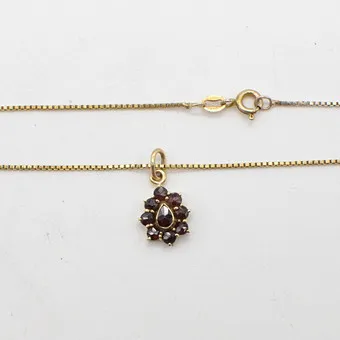 Collier designer avec pendentif almandin, monture et chaîne vénitienne en argent sterling doré, vers 1950.