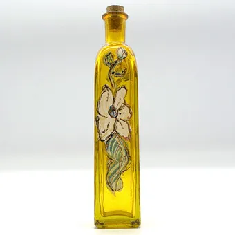 BERNSTEINGLASFLASCHE, MIT EMAILLEMALEREI 20. JAHRUNDERT. VOM KÜNSTLER SIGNIERT.
