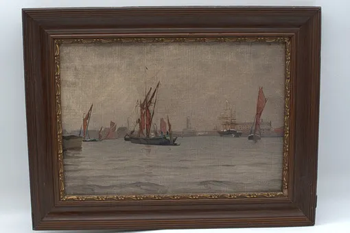Huile sur toile représentant le port de Hambourg, vers 1900.