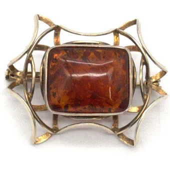 ANTIQUE FISCHLAND BROOCH, AMBER CABOCHON, OPENWORK SETTING, 835 SILVER.
