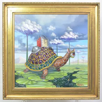 VENEDIKT KOPTEV (1969). SURREALISTICKÝ OBRAZ BEZ NÁZVU, OLEJ NA PLÁTNĚ, ZLATÝ RÁM, 2025, SIGNOVÁNO A DATOVÁNO.