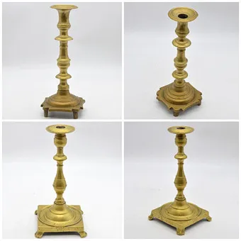 TWO RUSSIAN CANDLESTICKS, HEIGHT 25 & 29 CM, BRASS, HANDMADE, CIRCA 1900.