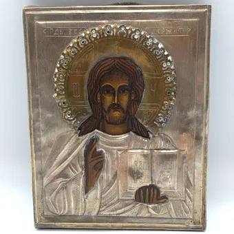 ANTIKE RUSSISCHE IKONE, CHRISTUS PANTOKRATOR, MIT MESSING VERSILBERTEM OKLAD 19. JAHRHUNDERT.