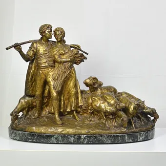Joseph D'Aste (1881-1945). "Pastoral Scene", sculpture, bronze (doré), socle en marbre, début 20e siècle, signée.