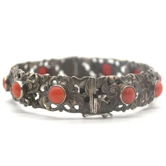 ART DECO 835 SILVER BRACELET, SET WITH 10 CORAL CABOCHONS, OPENWORK SETTING.