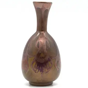 ART NOUVEAU GLASS VASE WITH METALLIC-IRIDESCENT DECOR AND SIGNATURE AT BOTTOM ON WALL.