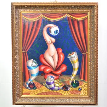 Venedikt Koptev (1969). "Verleiding", surrealistisch schilderij, acryl op doek, gouden lijst, gesigneerd, circa 2025.