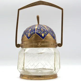 LUDWIG VIERTHALER. FOR WINHARDT & CO, ATTRIBUTED, ART NOUVEAU LIDDED VESSEL CUT CRYSTAL GLASS AND BRASS WITH ELABORATE ENAMEL DECOR CIRCA 1907.