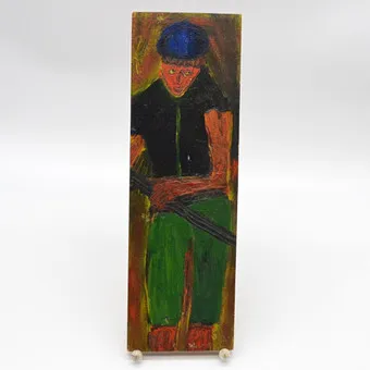 Painting on wooden panel, man with weapon, unknown artist, dated 04.11.1964.