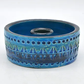 Aldo Londi. Candle holder bowl, Rimini Blue, for Bitossi, designer ceramics, 1960s.