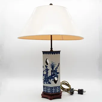 Rare Chinese blue and white porcelain vase, 18th c., hexagonal, later converted into a lamp.