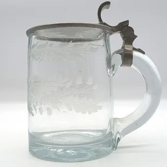 ANTIQUE BEER MUG CLEAR GLASS; MOUTH-BLOWN, HAND-CUT WITH PONTIL MARK CIRCA 1840.