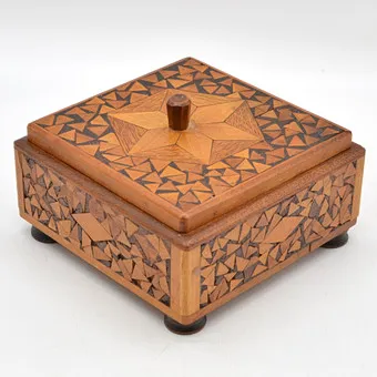 Lidded box on four feet, wood, marquetry, handmade, circa 1900.