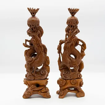 CHINESE CANDLESTICKS, DRAGONS PLAYING WITH FIREBALLS, OPENWORK WOOD SCULPTURE, CANTON, CIRCA 1960.