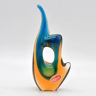 FLAVIO POLI. MURANO DESIGNERVASE, STUDIOGLAS, DURCHBROCHEN, SOMMERSO, ITALIEN, UM 1950, MIT ETIKETT.