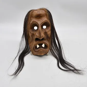 Lötschental wandmasker, Tschäggättä souvenir, hout, tanden, paardenhaar, handgemaakt, Zwitserland, midden 20e eeuw.