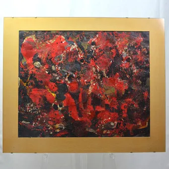 RUDI BAERWIND (1910-1982). "ROTES GLÜCK I", SMÍŠENÁ TECHNIKA NA PAPÍŘE, ORIGINÁL, KOLEM 1958, GREIN / ODENWALD, SIGNOVÁNO A POPSÁNO.