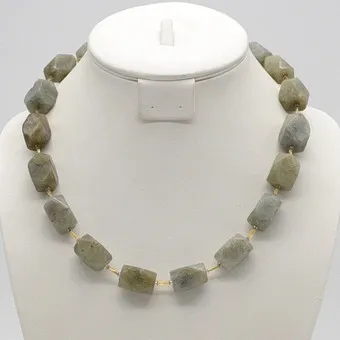 Gemstone necklace of labradorite nuggets, polished surface, clasp, metal thread, vintage.