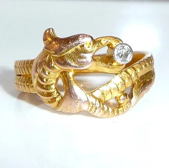 Antique ring 585 gold, 0.05ct diamond, chimera dragon-eagle