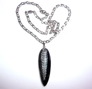 Collier et pendentif argent véritable fossile orthoceras.