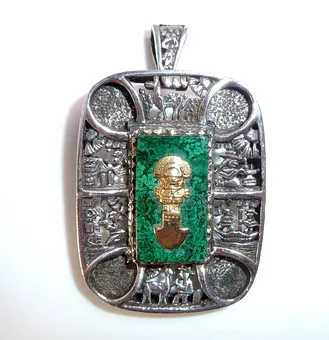 Azteken Anhänger, 925 Silber mit Gold, Handarbeit.
