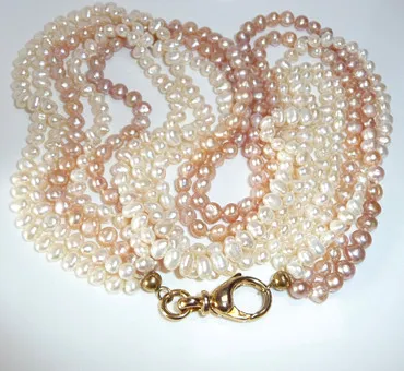 Collier perles or 585 jaune fermoir 5 rangs env. 450 perles rose et blanc