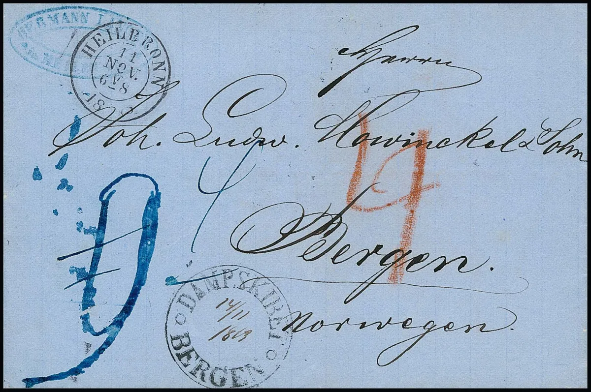 "Heilbronn", 1863, clear K2 with K1 "DAMPSKIBET BERGEN" on blue luxury letter to Bergen/Norway, reverse three transit stamps from Frankfurt a.M. and Hamburg,…