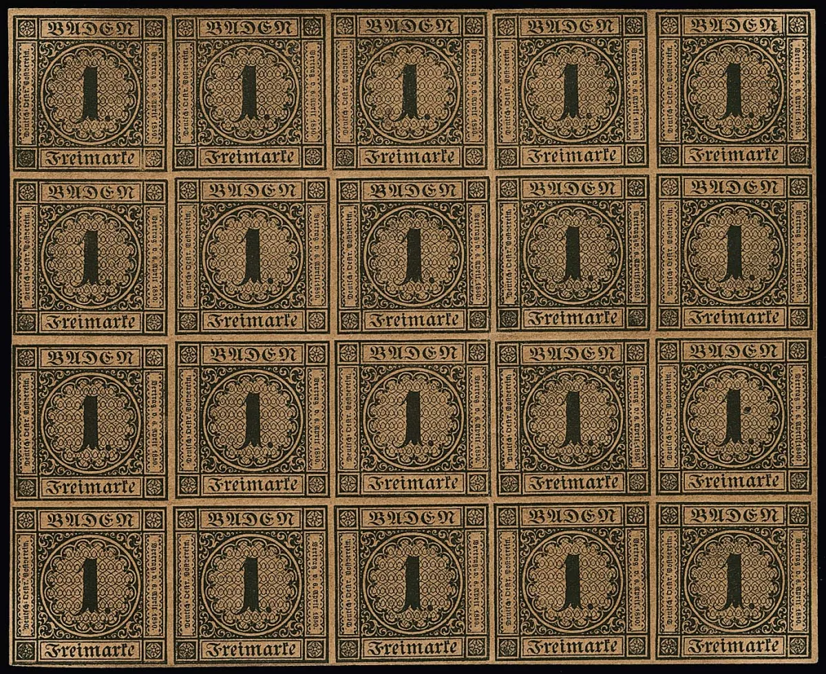 1 Kr. dark brown, complete mint never hinged reprint sheet of 20 examples. Pre-fold between 3rd and 4th rows.