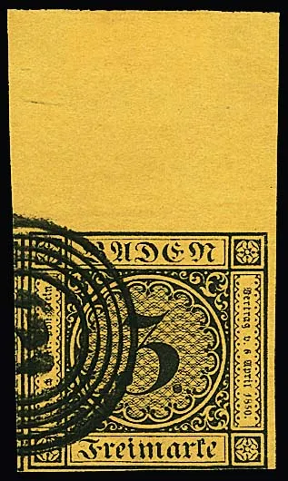 3 Kr. dark brown/dark yellow, superb item with unusually wide 21mm (!) top margin, NS "121" (Säckingen), photo exp. Stegmüller