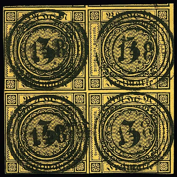 3 Kr. schw./dunkelgelb, farbfrischer Viererblock, jede Marke mit klarem, zentrischem NS "148" (Villingen). Unten und links oben berührt, sonst teils…