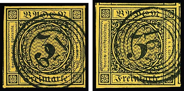 3 Kr. dark brown/dark yellow or yellow, two finest luxury items, huge margins, all four or three sides neighbouring stamps. Signed Seeger or Brettl