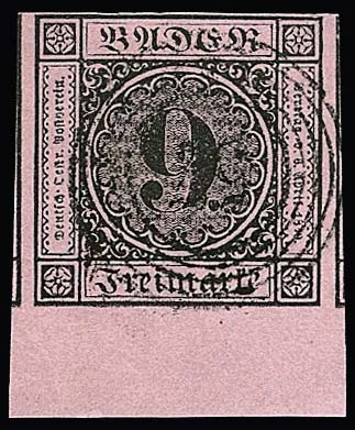9 Kr. black/pink, luxury piece with 8.5mm wide sheet margin at bottom, margins left and right