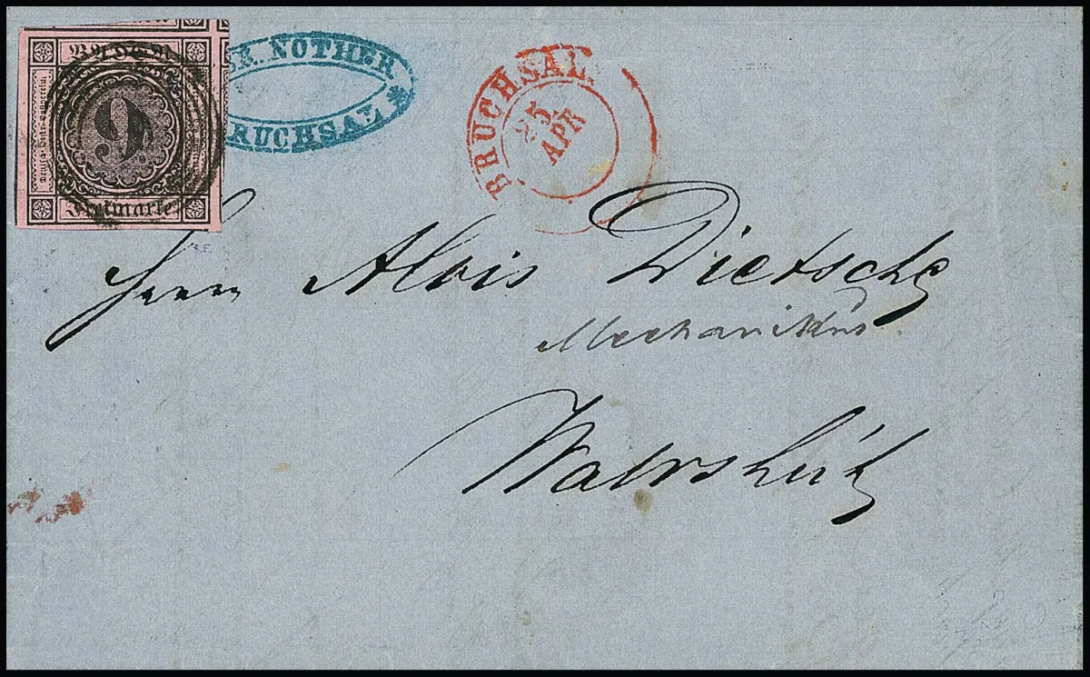 9 Kr. schw./rosa, Luxus-Schnittriese mit Teilen von sechs Nebenmarken an allen vier Seiten auf Brief mit NS "19" und rotem Neben-K2 "Bruchsal", nach Waldshut