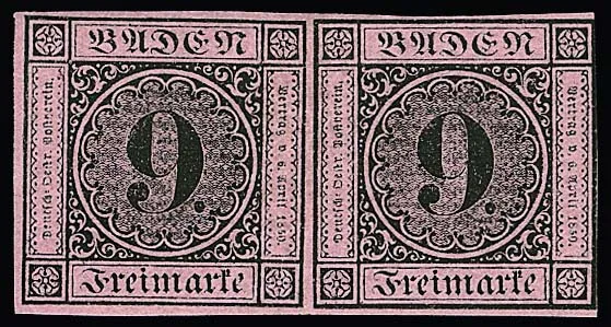 9 Kr. schw./rosa, waagerechtes ungebrauchtes Paar mit vollem Originalgummi, linke Marke sehr breitrandig, rechte ausgabetypisch nur rechts etwas berührt. Mi.…