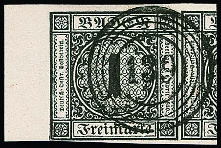 1 Kr. schwarz, Luxusstück aus der linken oberen Bogenecke mit bis zu 8mm breitem Bogenrand, rechts großem Teil der Nebenmarke, klarem NS "139" (Stockach), von…