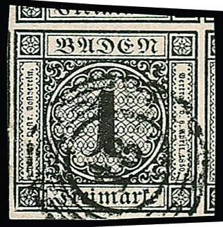1 Kr. schwarz, hervorragend riesenrandiges Luxusstück mit Teilen von Nebenmarken an drei Seiten, sign. Drahn