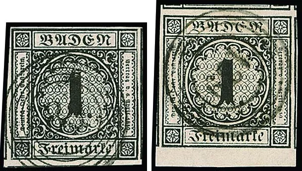 1 Kr. schwarz, zwei breit- bis riesenrandige Luxusstücke, einmal vom Unterrand mit drei Seiten Nebenmarken