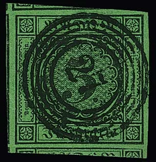 3 Kr. noir/vert, excellent géant de coupe de luxe, à droite du bord, sinon tous les autres côtés avec les cinq marques voisines, NS "27" (Donaueschingen), signé…