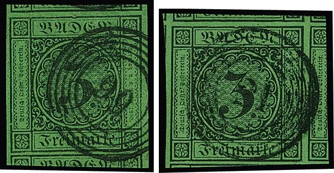 3 Kr. schw./grün, zwei Luxus-Schnittriesen, einmal große Teile mehrerer Nebenmarken, dito mit Plattenfehler II