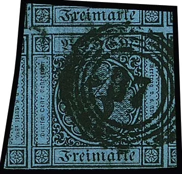 3 Kr. schw./blau, aussergewöhnlicher "Schnittriese", unten voll-, sonst riesenrandig mit dreiseitig großen Teilen aller Nebenmarken!