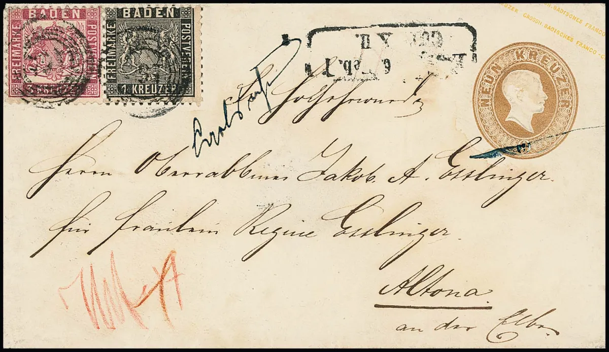 1 Kr. schwarz, tadellos, in Mischfrankatur mit 3 Kr. rosa (bestoßenes Eckchen), auf Ganzsache 9 Kr. braun (rs. Siegel ausgeschnitten), mit gutem Fünfring-NS…