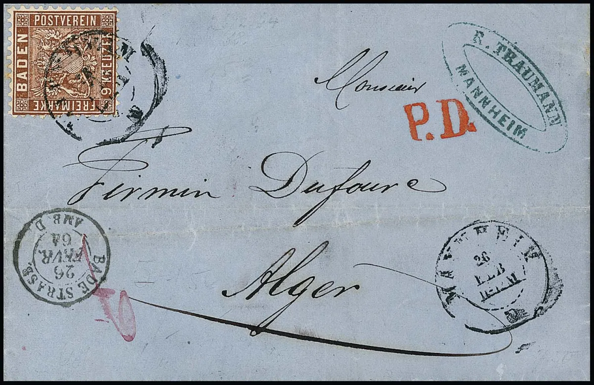 9 Kr. red-brown, deep colour, well-perforated showpiece (one perforation tip slightly toned, insignificant) on centrally folded foreign letter from Mannheim (K2) 1864…