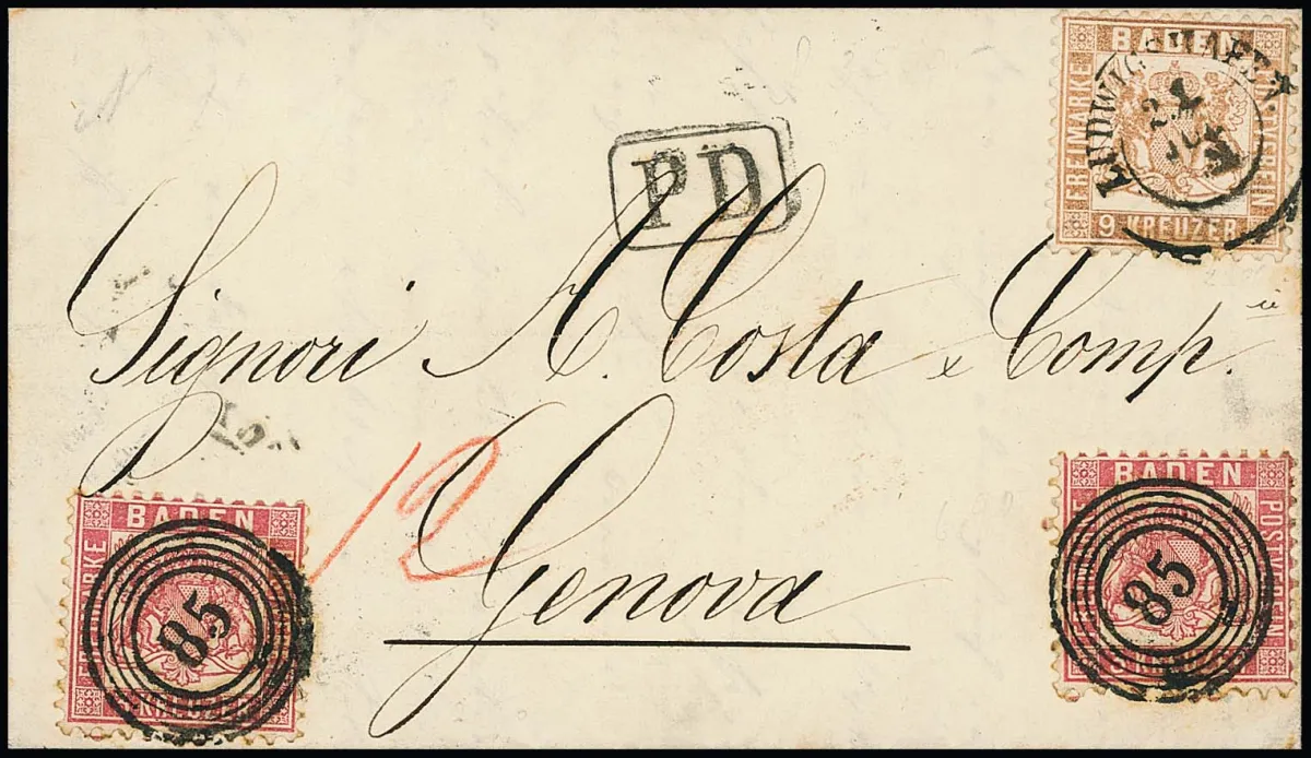 3 Kr. pink in pair, these with NS "85", together with 9 Kr. pale brown, these with K2 "Ludwigshafen", on folded letter in completely original condition…