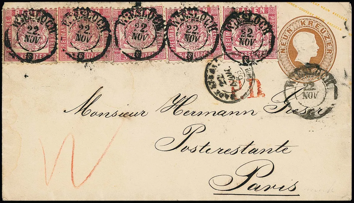 3 Sgr. rose, cinq exemplaires (deux avec une dent courte, à gauche dentelure un peu comprimée par collage de bord) sur entier 9 Kr. brun ocre, avec K2 "Wiesloch"…