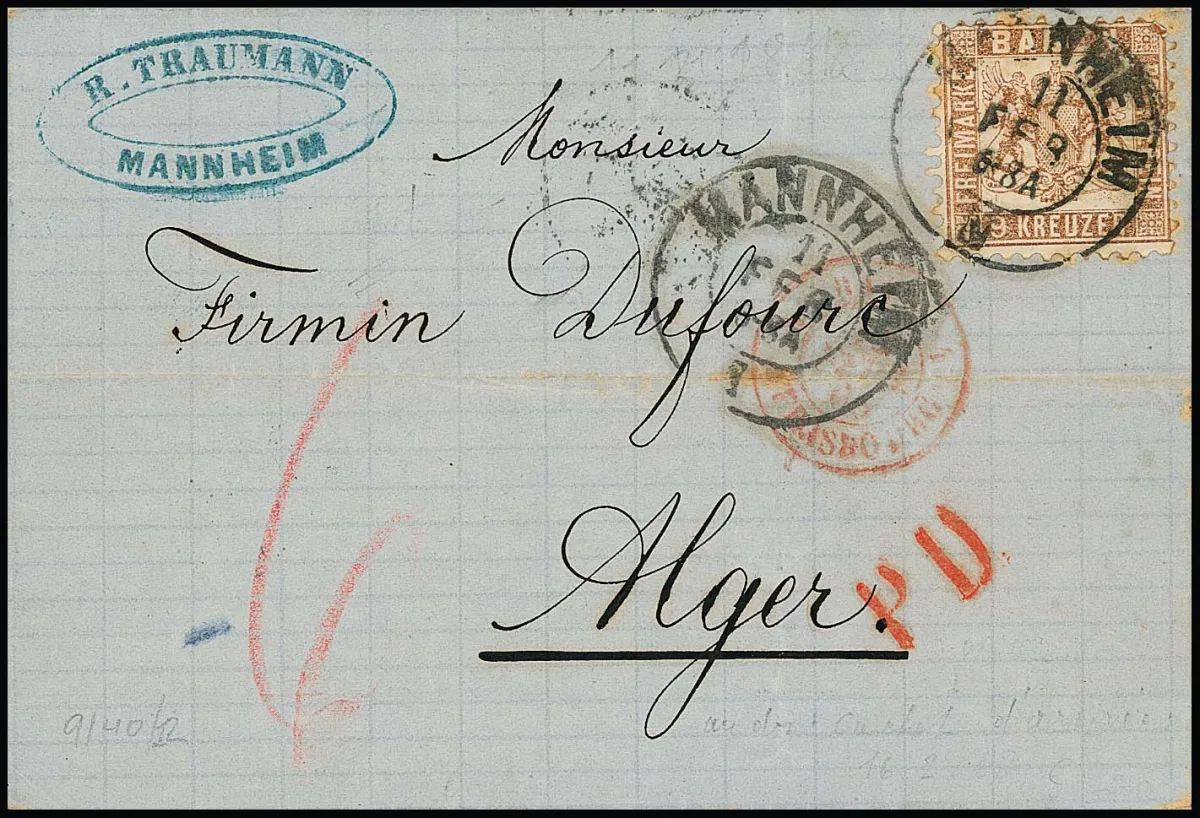 9 Kr. vaalbruin (enkele tandpunten wat getint) enkel op gevouwen brief met K2 "Mannheim" 1868 naar Algiers/Afrika. Zeldzame Afrika-brief tegen het Frankrijk-tarief,…