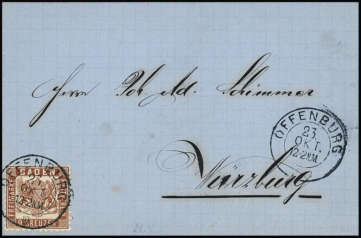 9 Kr. donkerbruin enkel op duidelijk afgestempelde pronkbrief van Offenburg naar Würzburg, certificaat Brettl. Mi. 1800,-