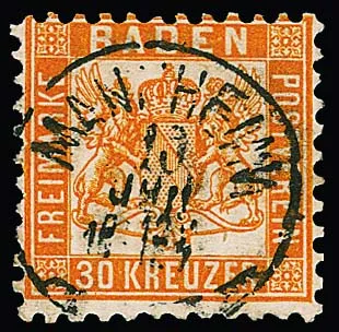 30 Kr. yellow-orange, showpiece with central cancellation K1 "Mannheim", certificate Stegmüller. Mi. 3000,-