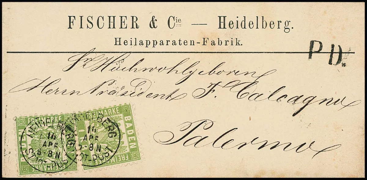 1 Kr. green, two showpieces on rare preprinted foreign wrapper with K1 from Heidelberg 1870 to Palermo/Italy in completely original used condition…